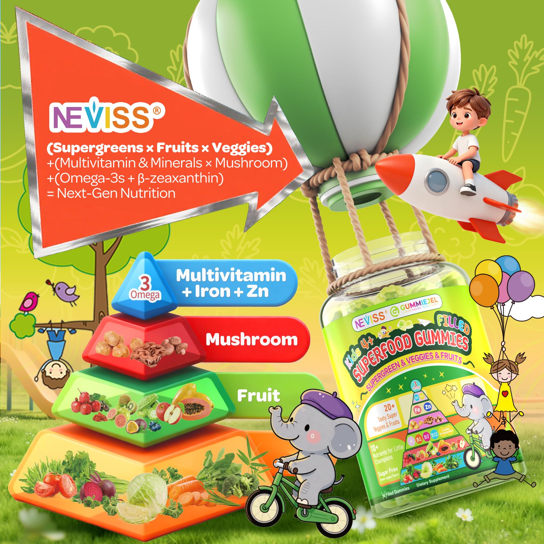 NEVISS label nutrient panel detailing D3, K2, iron and DHA benefits