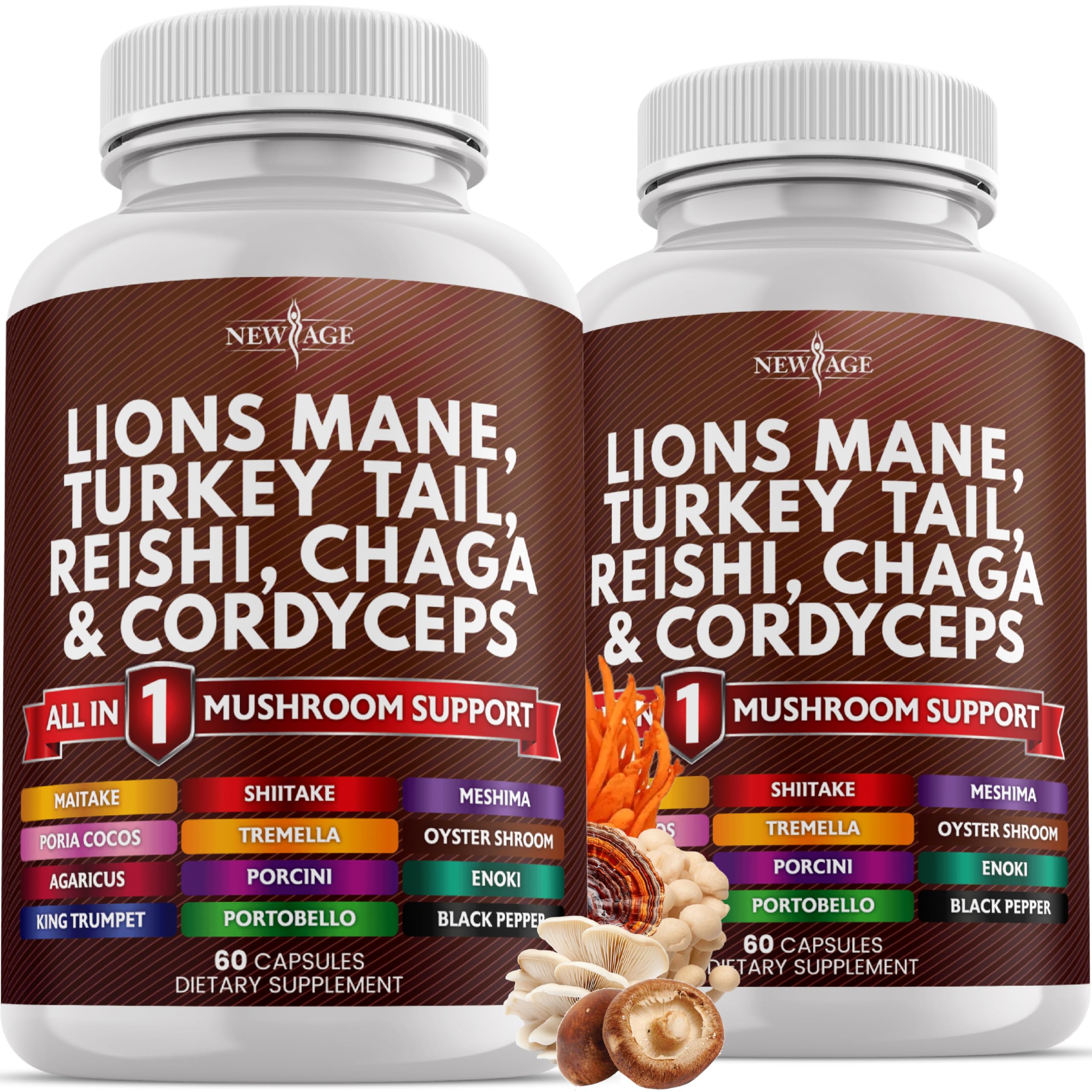 NEW AGE front bottle showing 20-in-1 mushroom blend for convenience