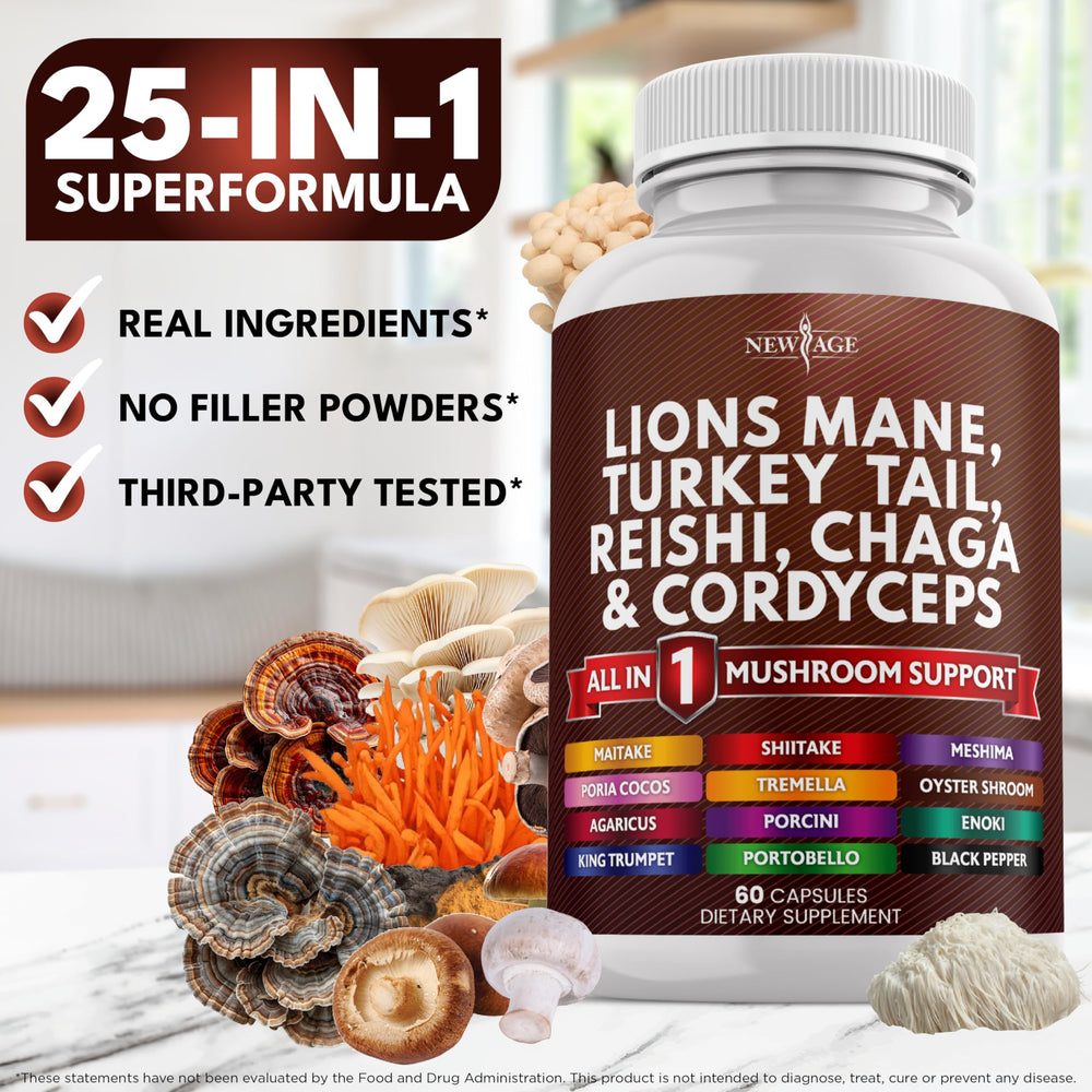 NEW AGE flatlay of mushrooms and marshmallow root showing ingredient variety