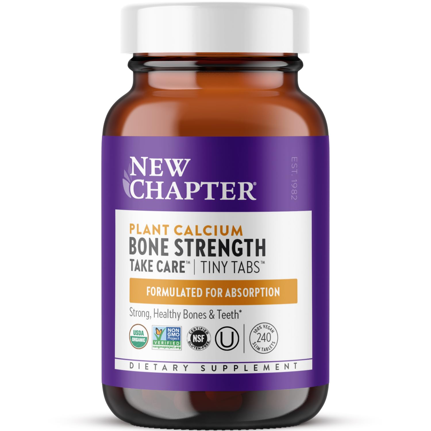 New Chapter bottle front view showing supplement benefits and organic seal