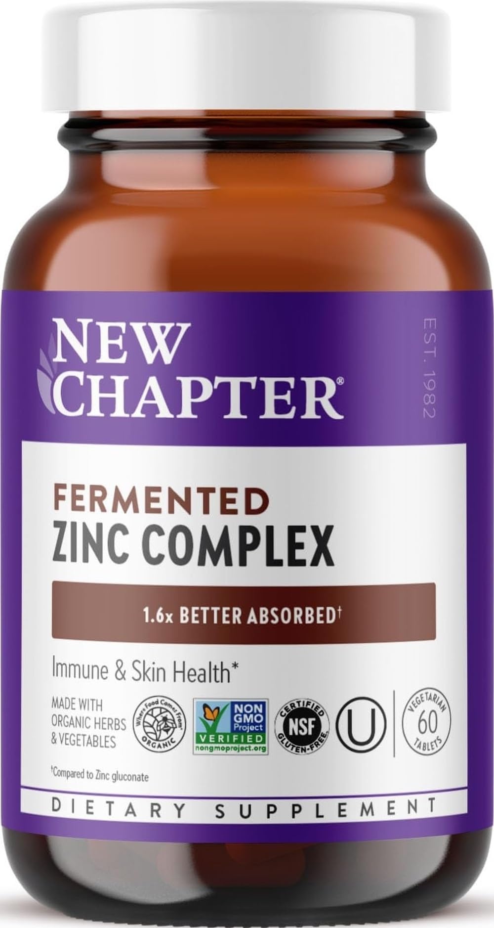 New Chapter front packaging showing fermented zinc complex for clarity and trust
