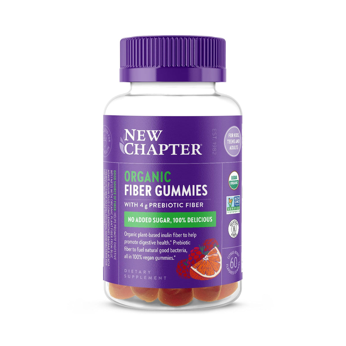 New Chapter front packaging showing organic fiber gummies and benefits