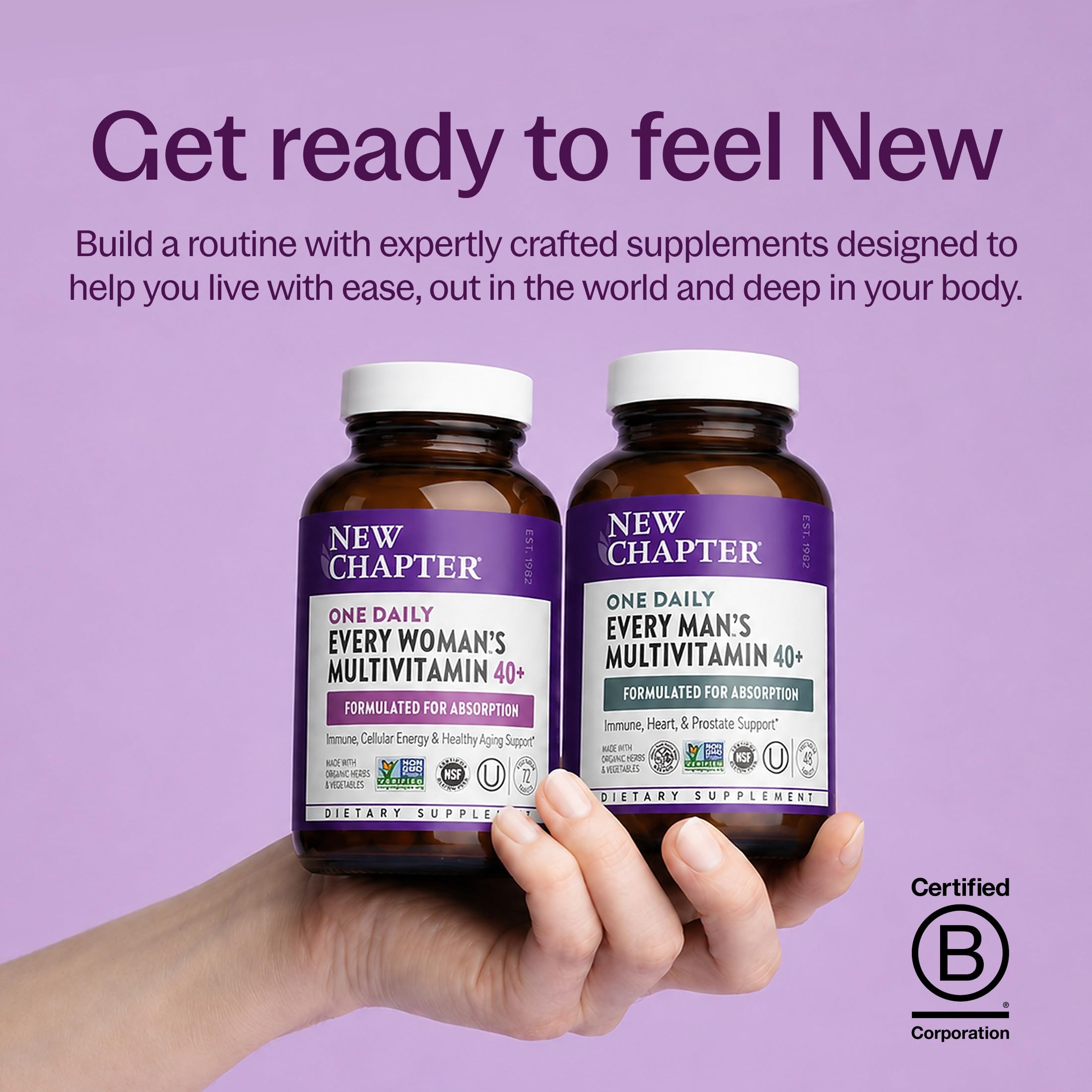 Tablets scattered on a wooden counter with package to show natural-feel branding and trusted New Chapter quality