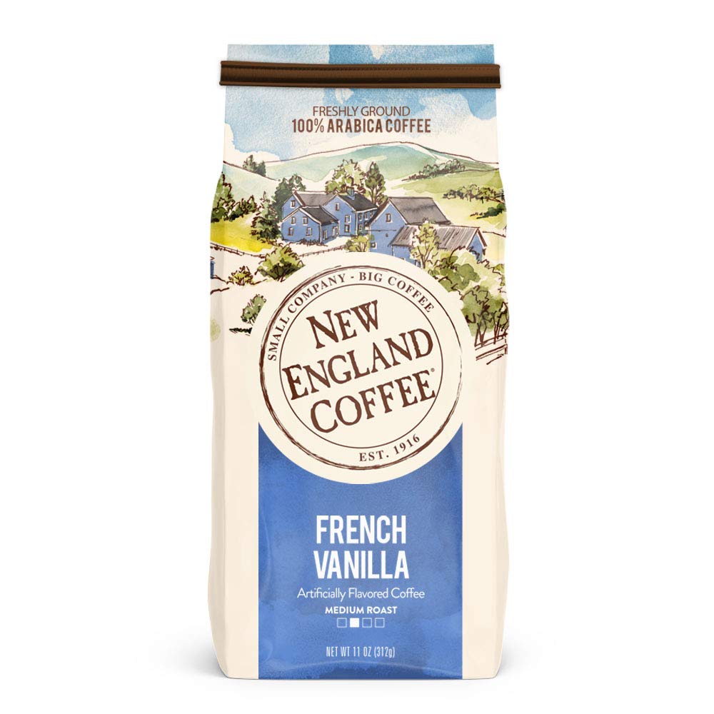 New England Coffee front packaging showing 11oz bag, clear brand and flavor benefit