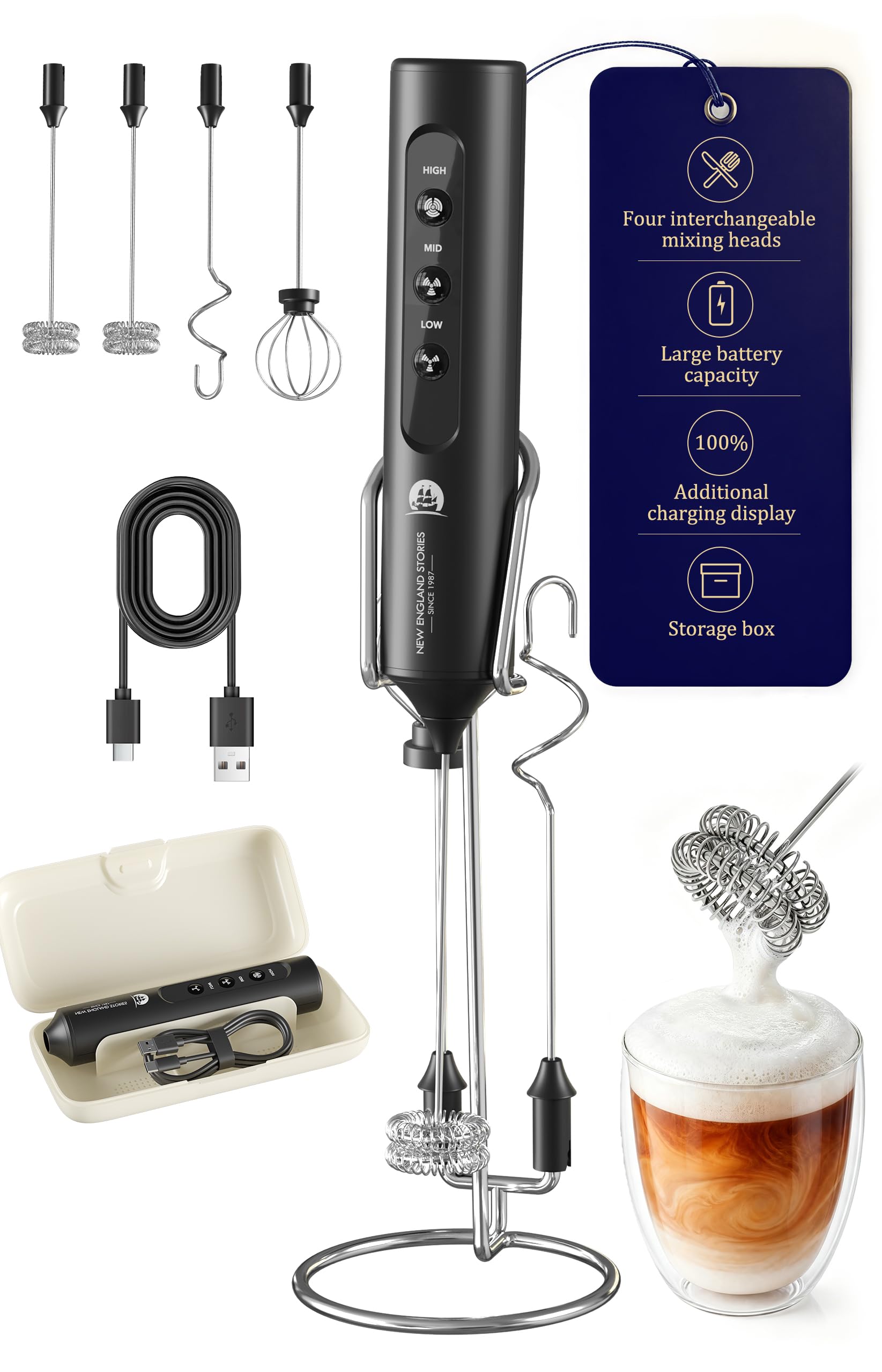 New England Stories frother front view showing sleek handheld design and benefit of easy grip