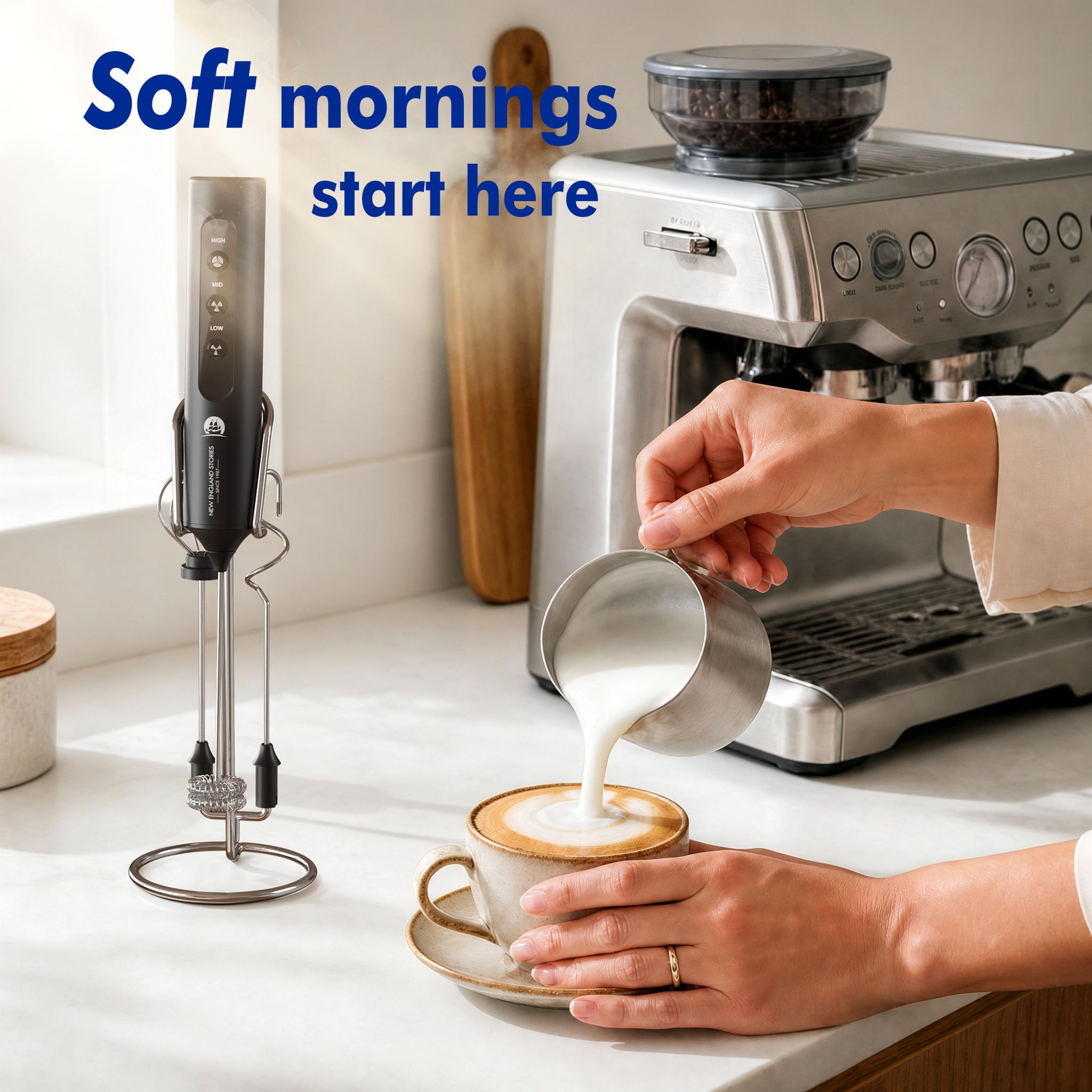 New England Stories frother on countertop stand organized and ready for quick use