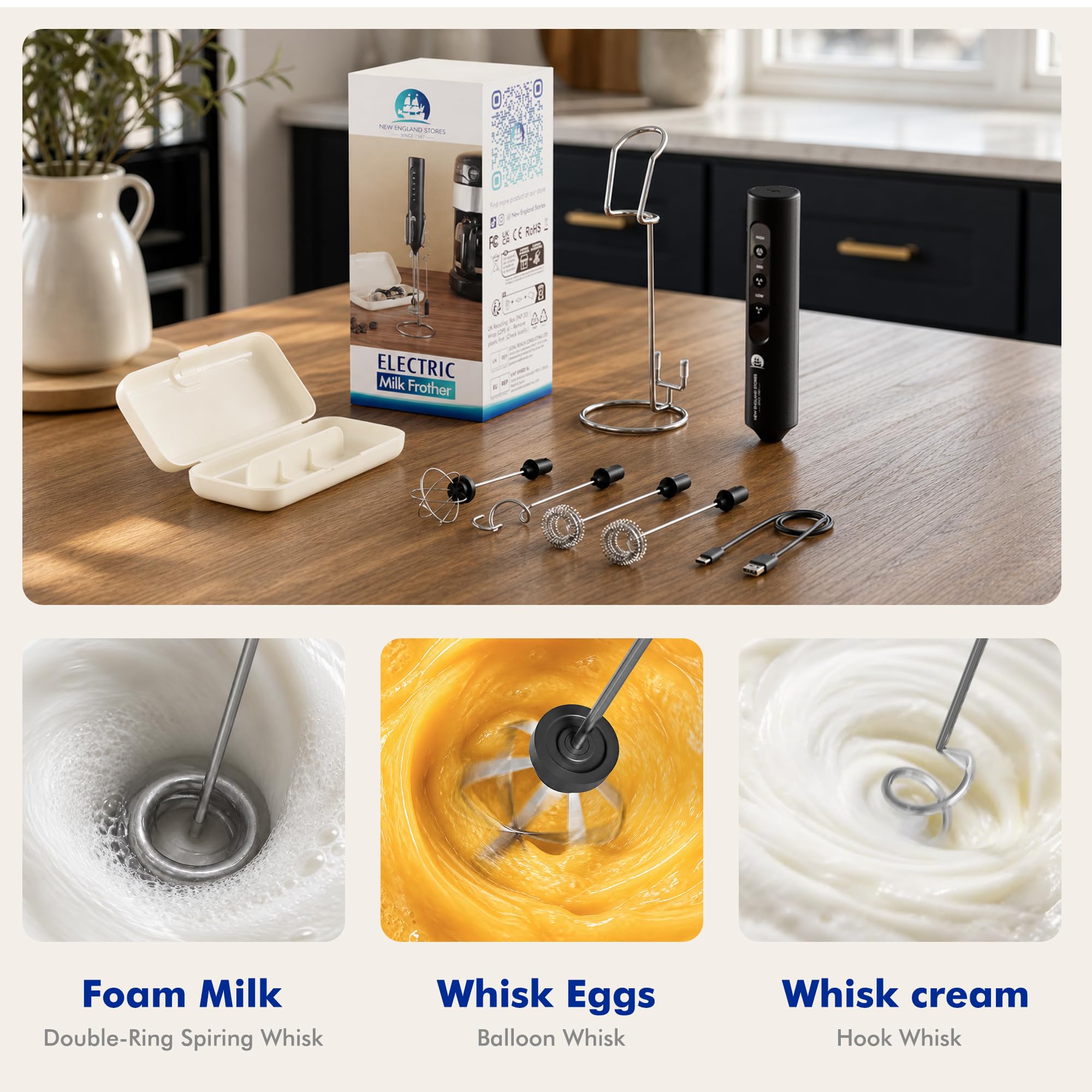 New England Stories frother creating latte foam in cup demonstrating café-quality texture