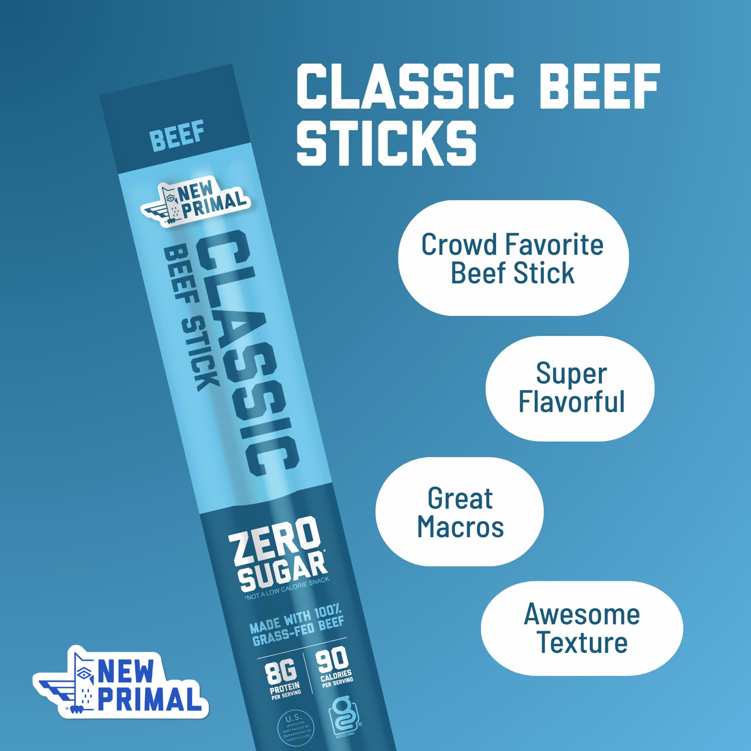 The New Primal nutrition label view highlighting protein count and low sugar benefit