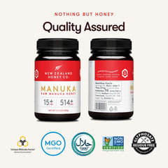 NEW ZEALAND HONEY CO label closeup highlighting UMF 15+ and MGO 514+
