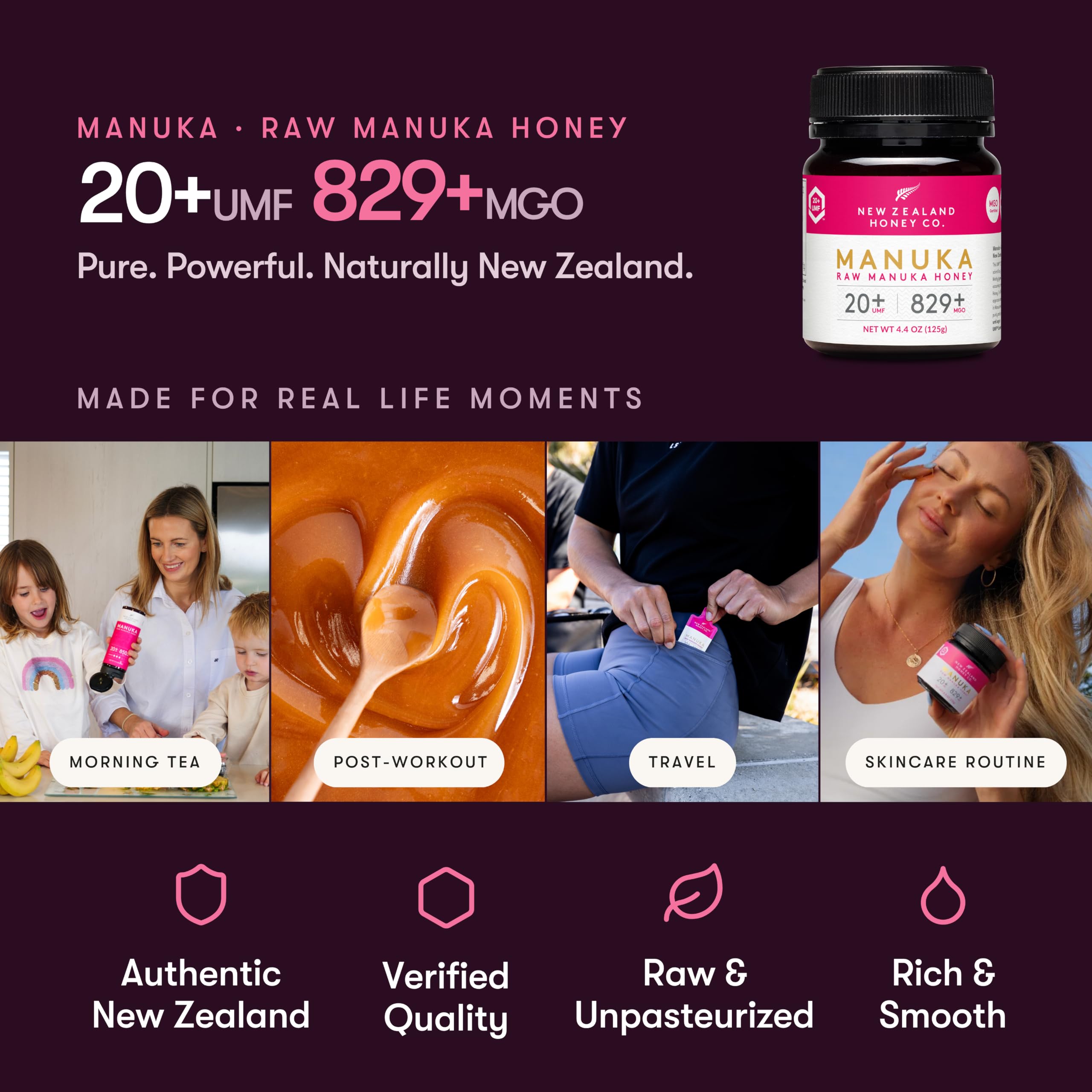 NEW ZEALAND HONEY CO label close-up displaying UMF 20+ and MGO 829+ for verified potency