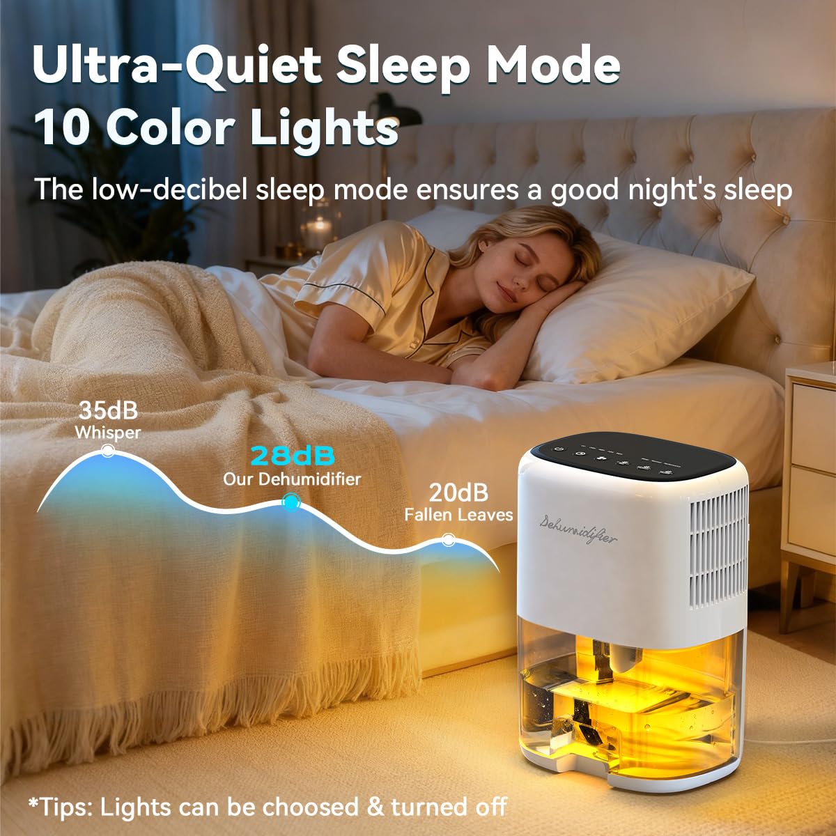 Newo dehumidifier placed on bedside table creating quiet moisture control for sleep