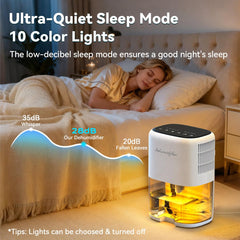 Newo dehumidifier placed on bedside table creating quiet moisture control for sleep