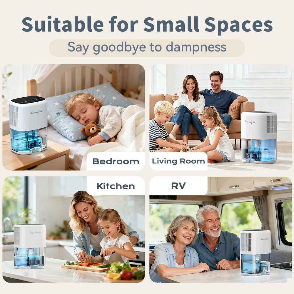 Newo dehumidifier inside RV bathroom demonstrating portable moisture protection