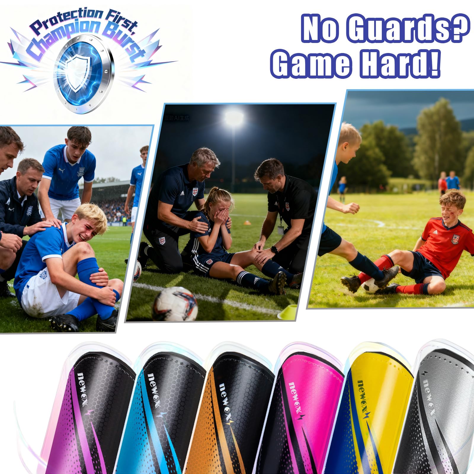 newox shin guards worn by child on soccer field illustrating protection in play