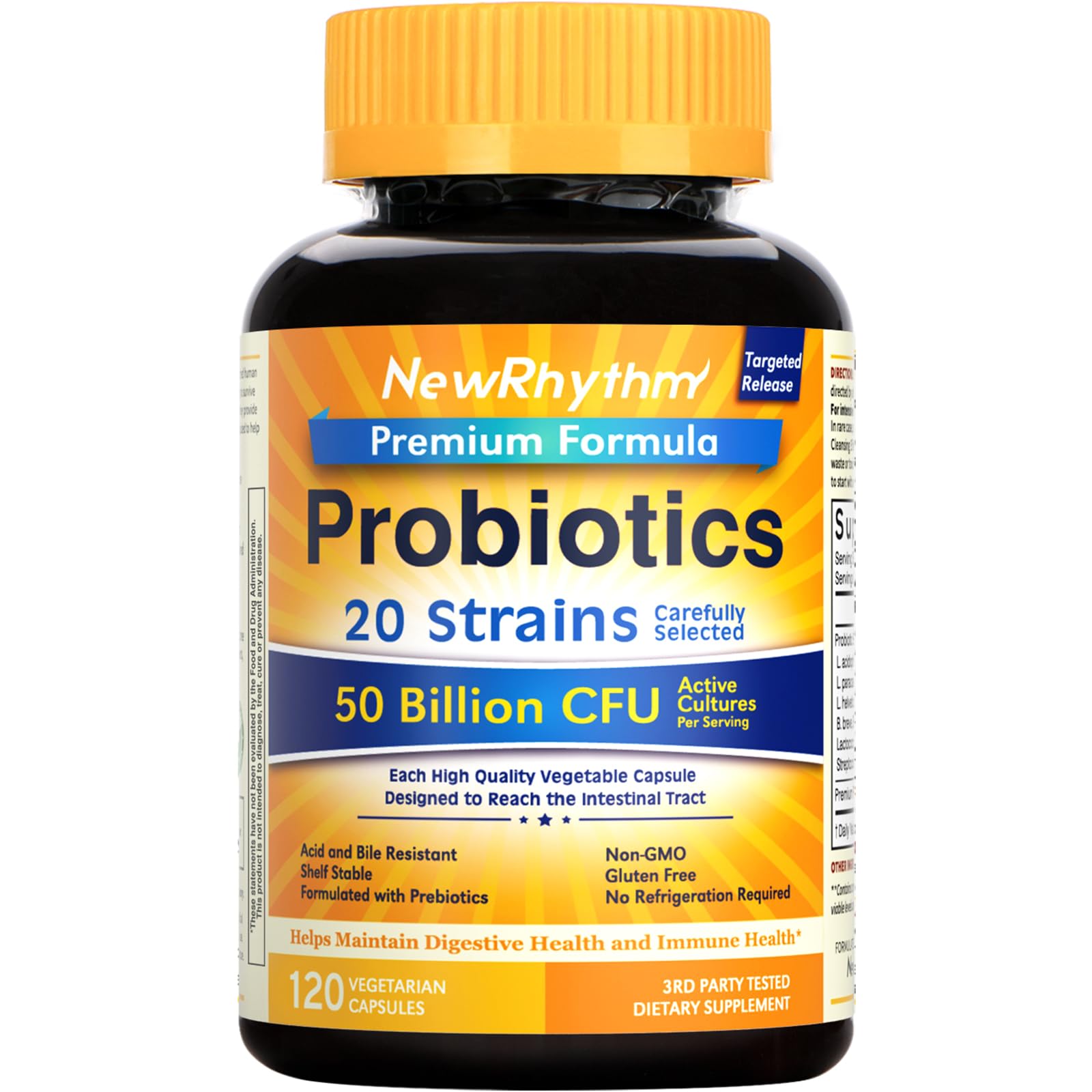 NewRhythm front packaging showing bottle and benefits for digestive support