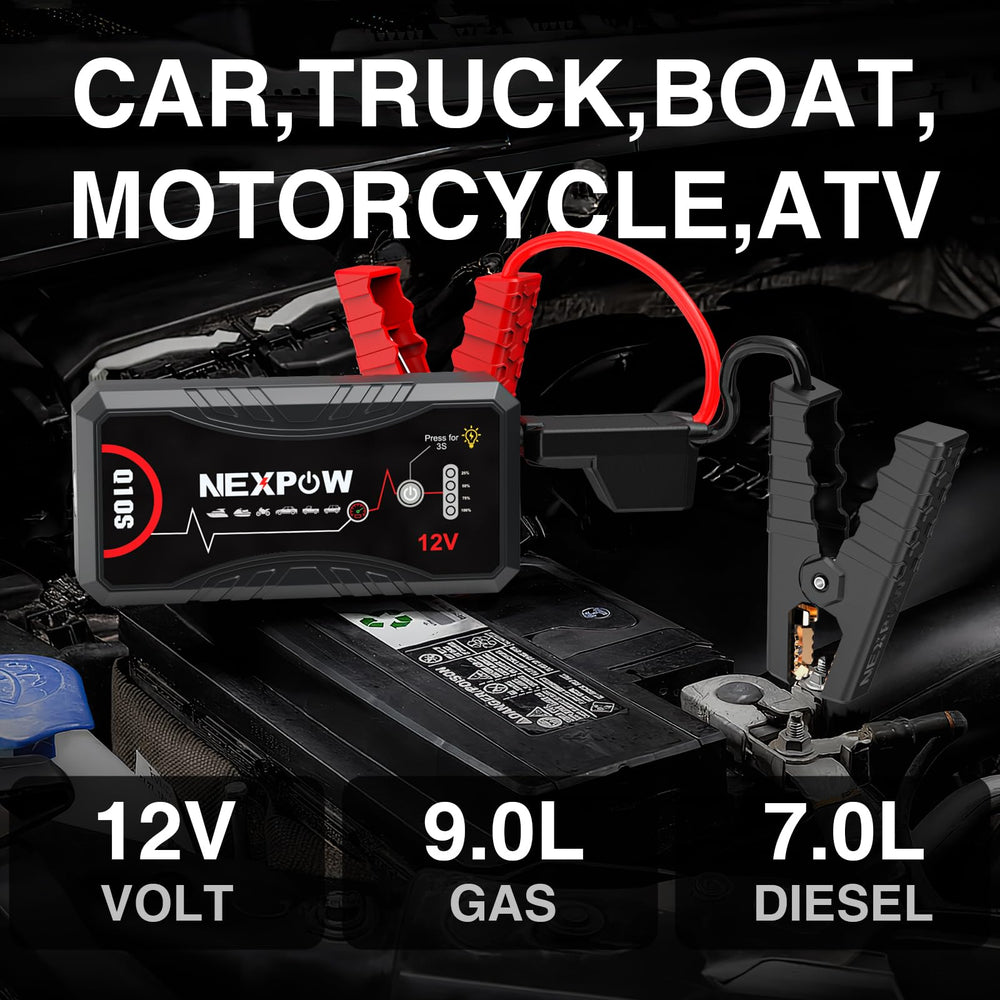 NEXPOW heavy-duty jumper cables close-up highlighting secure clamps and safe connection