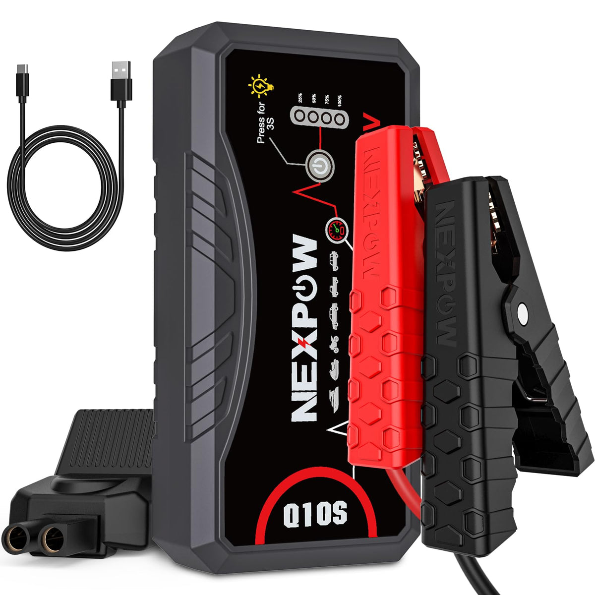 NEXPOW Q10S front view showing compact power bank and controls for reliable starts