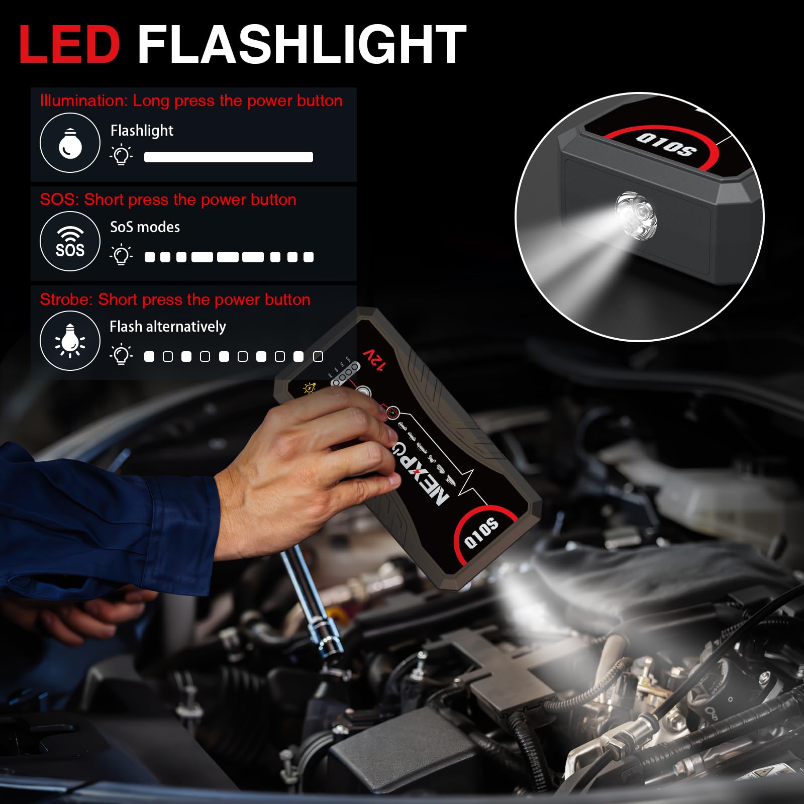 NEXPOW LED flashlight active demonstrating bright beam for nighttime roadside assistance