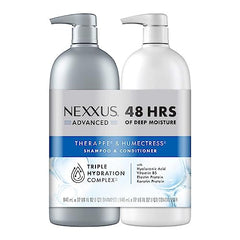 Nexxus shampoo and conditioner on bathroom shelf showing everyday use and manageability