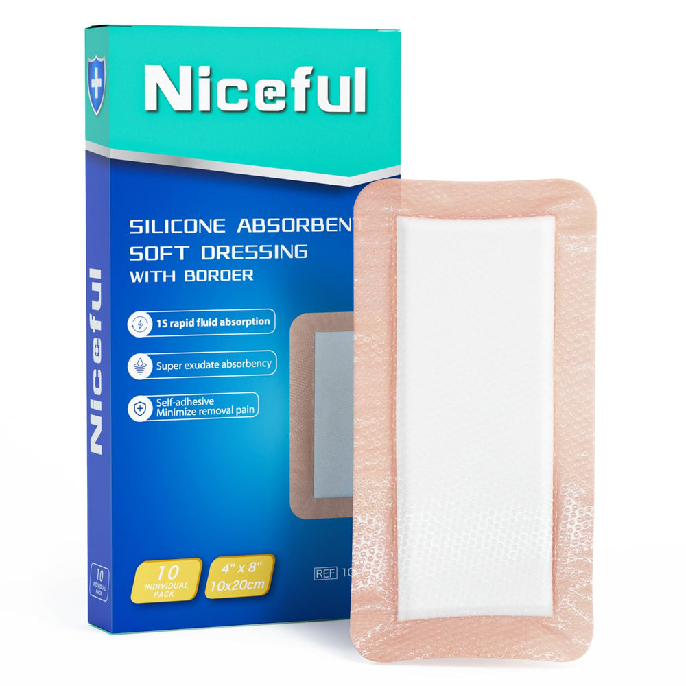 Niceful front packaging showing 4x8 dressing and benefit of high absorbency