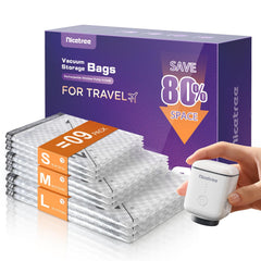 Nicetree front packaging showing nine travel vacuum bags and pump benefit space saving