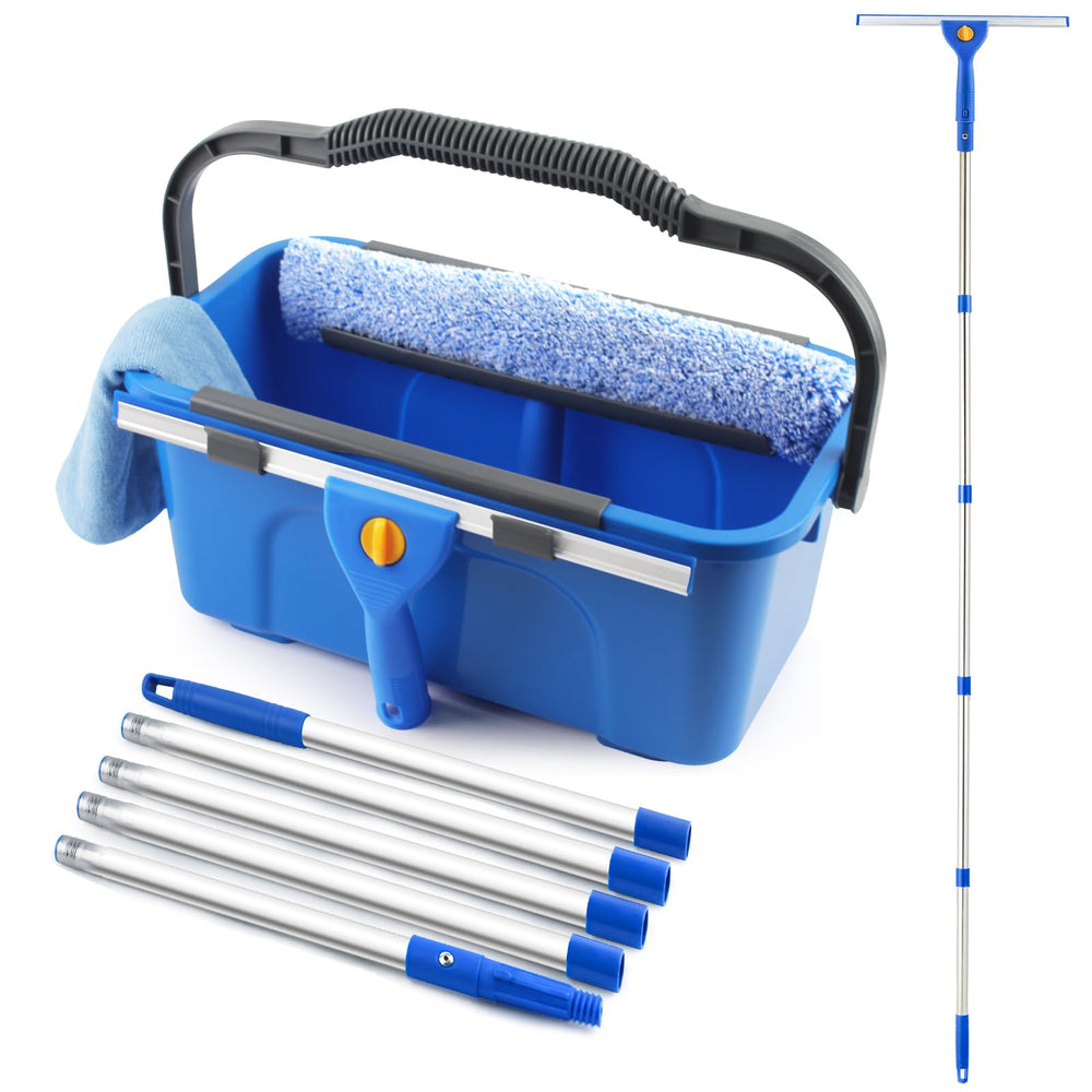 NICOFPHY front view of complete kit showing bucket, squeegee, scrubber and cloth for organized cleaning