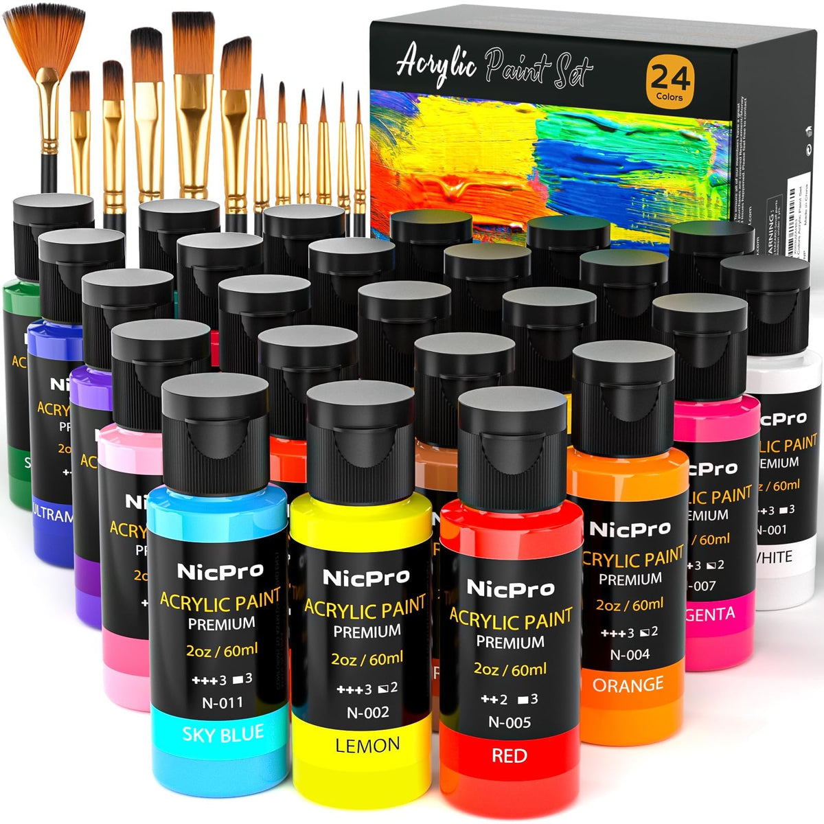 Nicpro front packaging showing full 24-color kit and included tools for easy setup