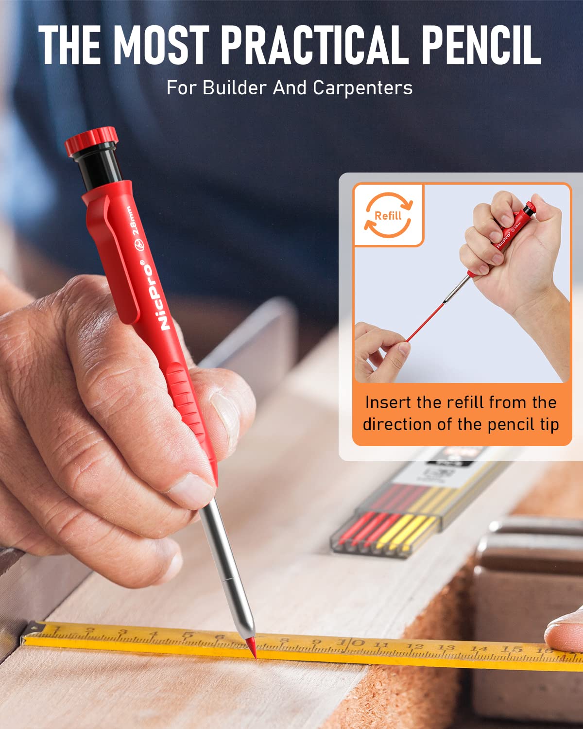 Nicpro pencil marking a wooden board showing clear, visible layout lines
