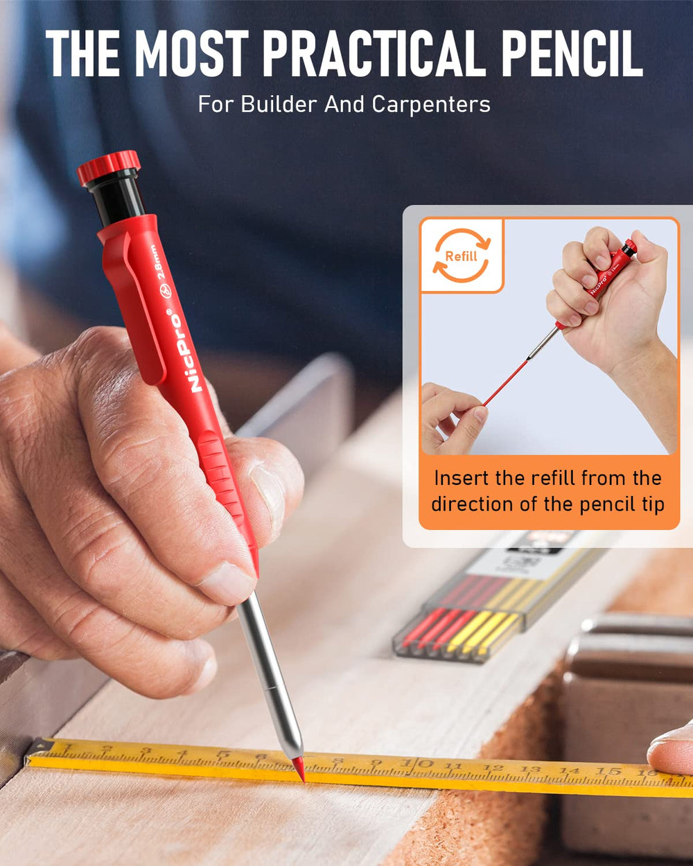 Nicpro pencil marking a wooden board showing clear, visible layout lines
