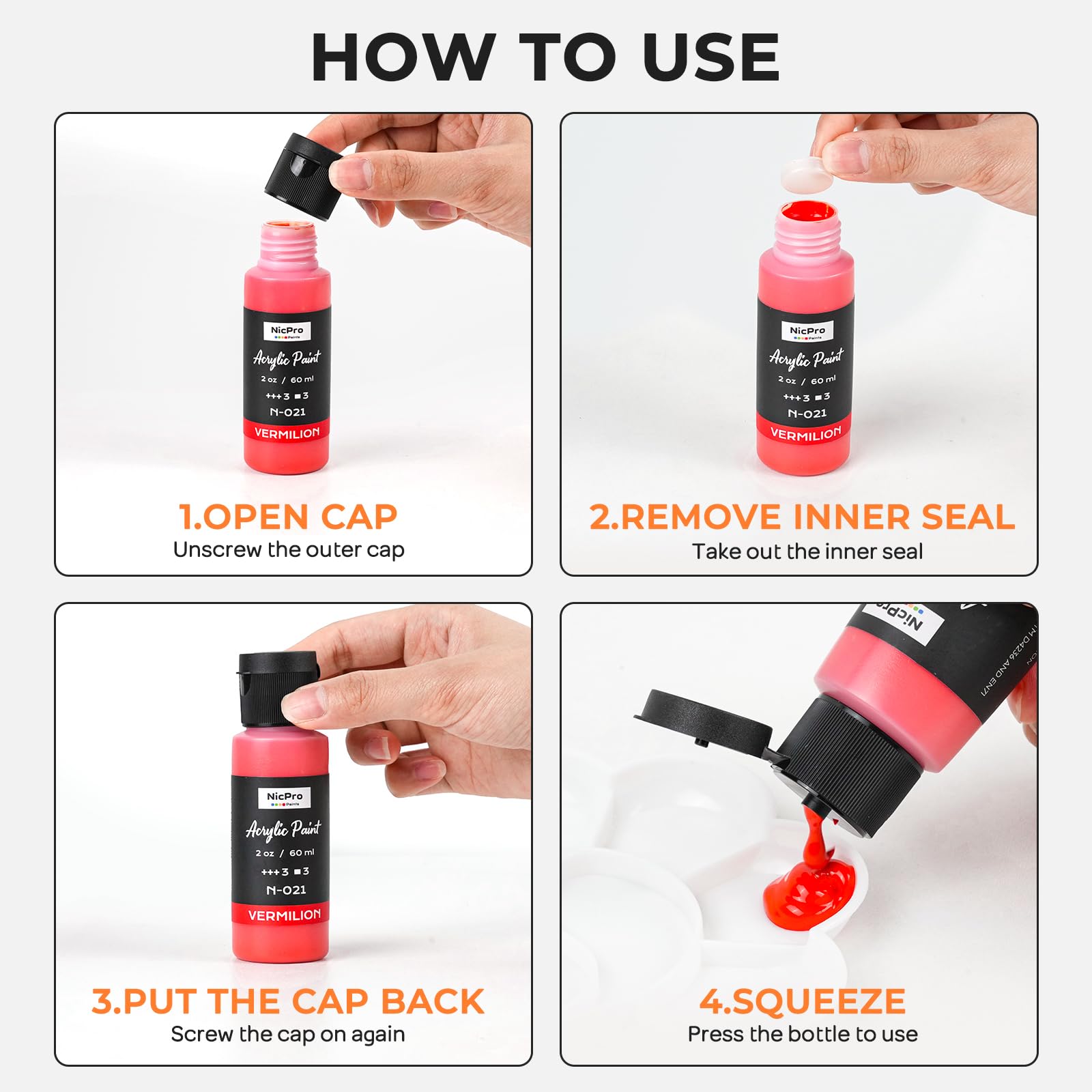 Nicpro bottles beside a hand to show 2oz scale for convenient storage benefit