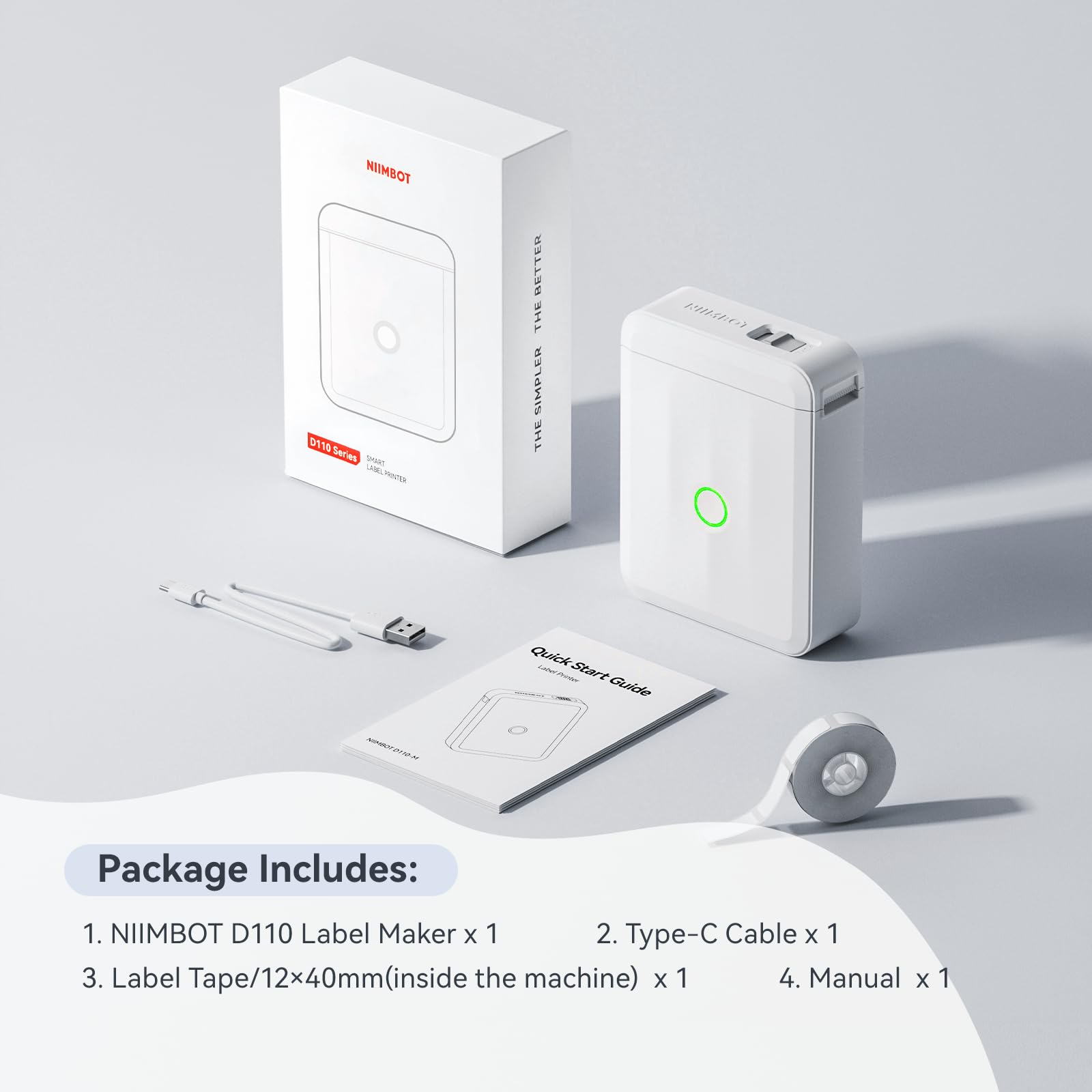 NIIMBOT D110 on a desk with stationery showing tidy workspace improvement