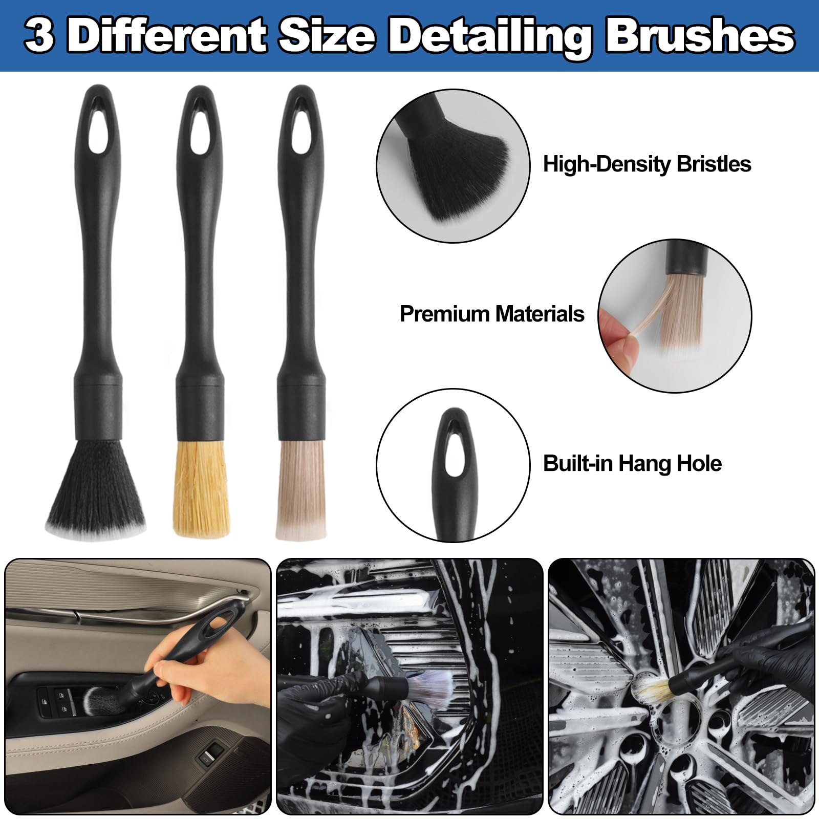 NIKCOSMK precision detailing brushes arrayed to reach vents, seams and cup holders