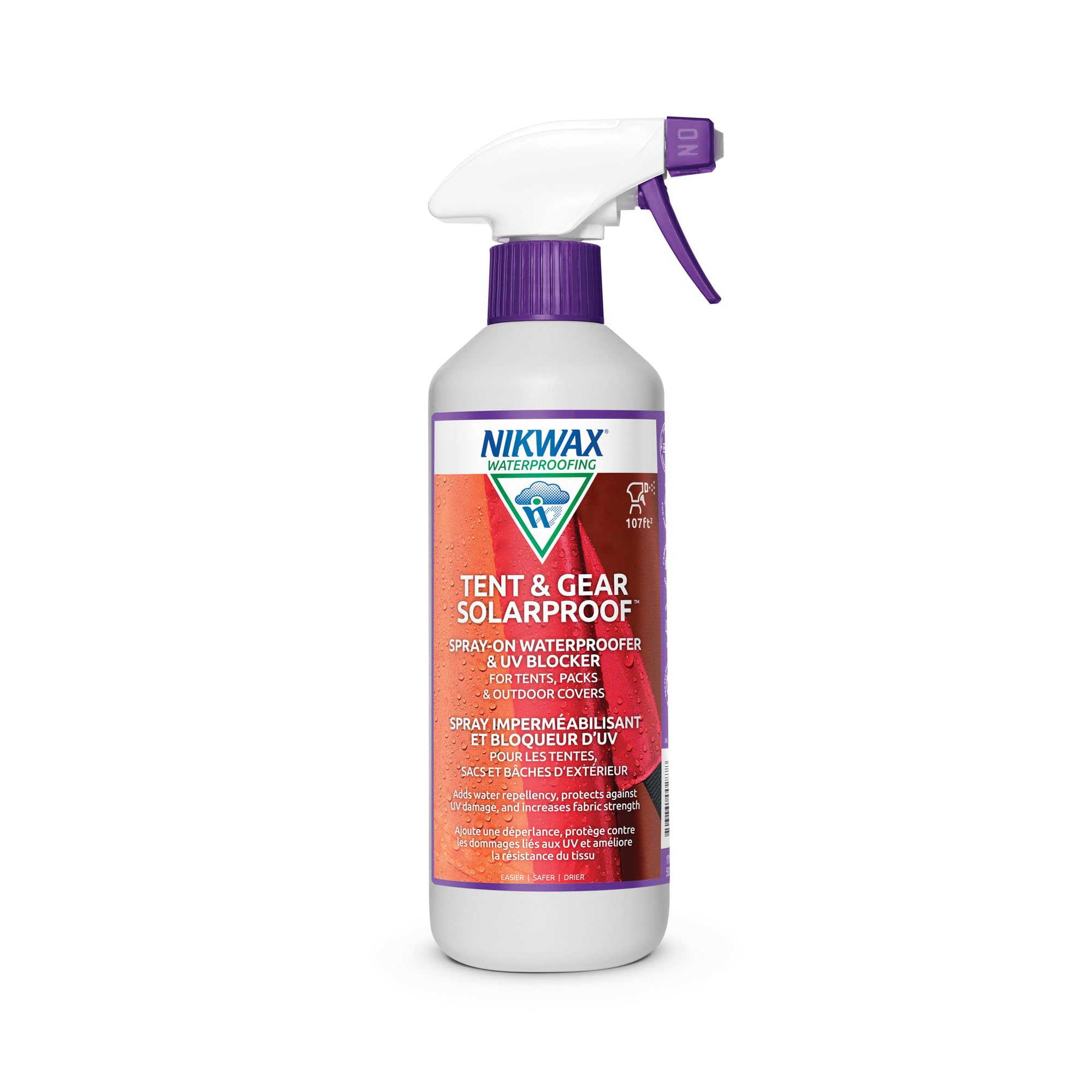 Nikwax spray bottle front view showing product and easy spray application benefit