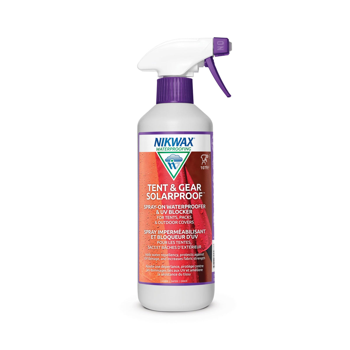 Nikwax spray bottle front view showing product and easy spray application benefit