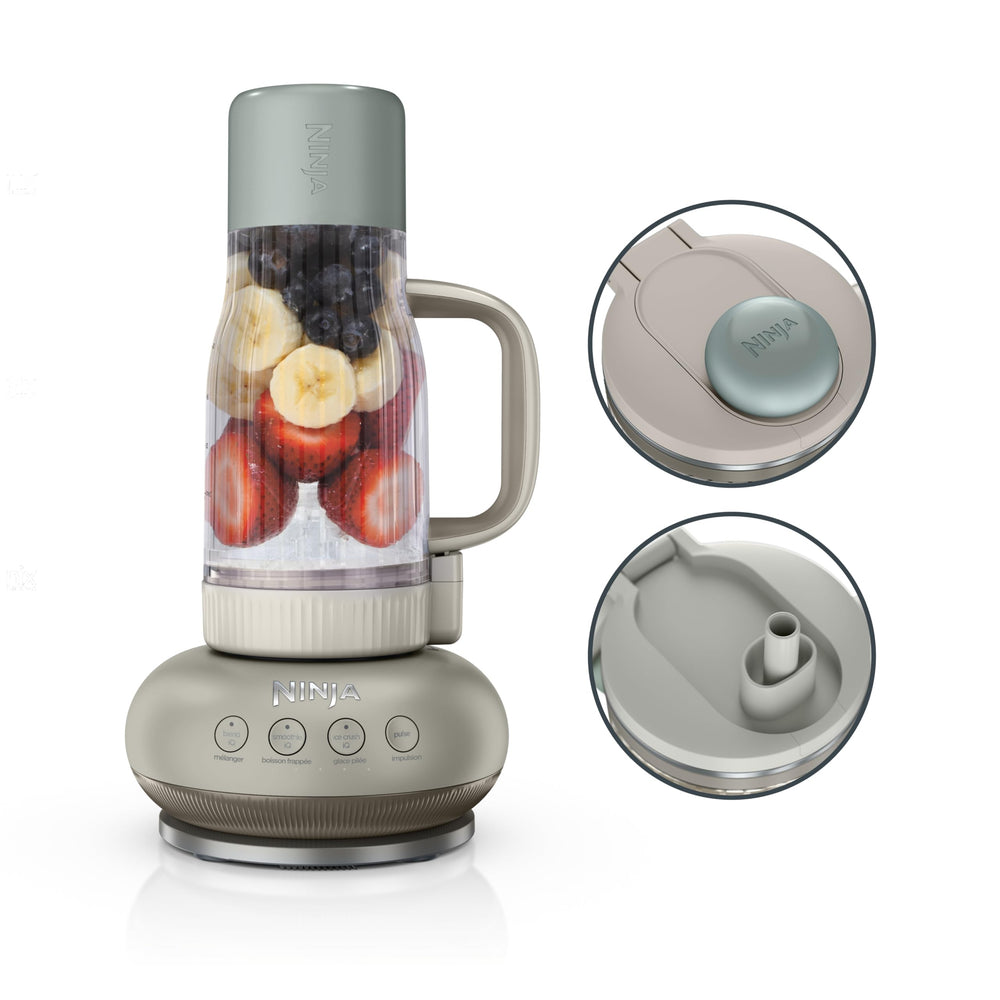 Ninja BlendBOSS front view in stone mint showing compact travel-ready design and benefit