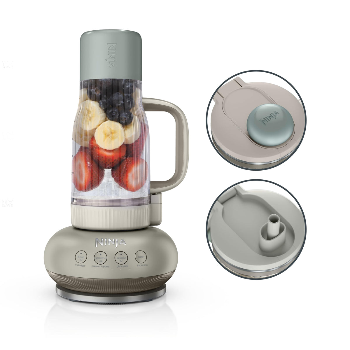Ninja BlendBOSS front view in stone mint showing compact travel-ready design and benefit