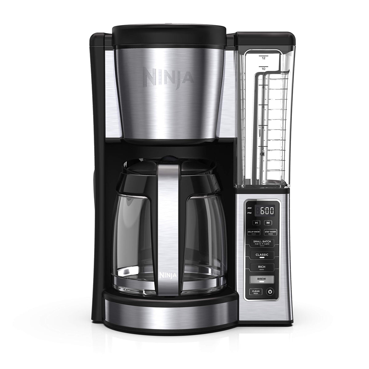 Ninja CE251 front view showing stainless steel finish and carafe, highlighting reliable brewing