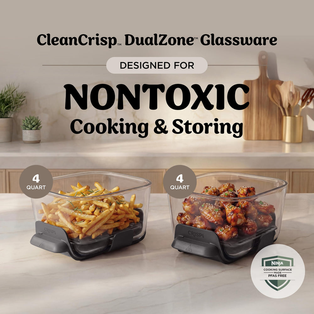 Ninja CleanCrisp glassware closeup highlighting nontoxic glass and storage convenience