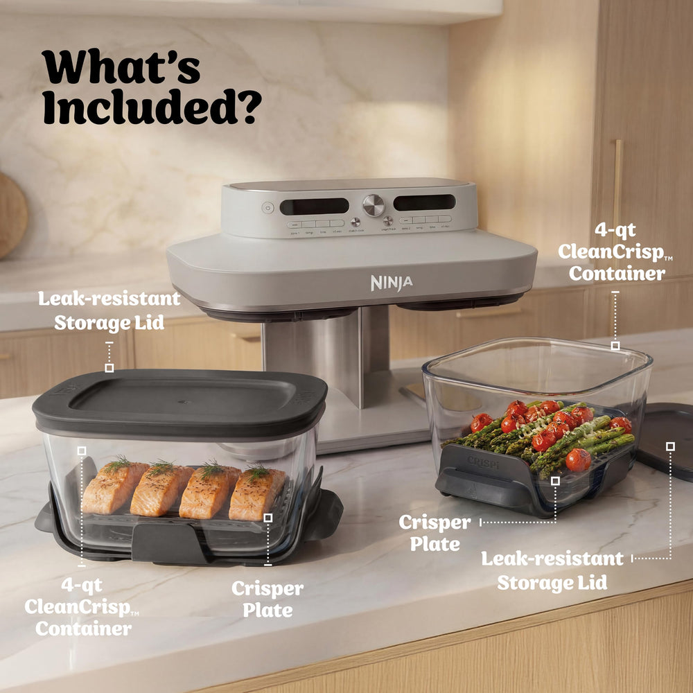 Ninja in use with two different dishes cooking simultaneously to save time