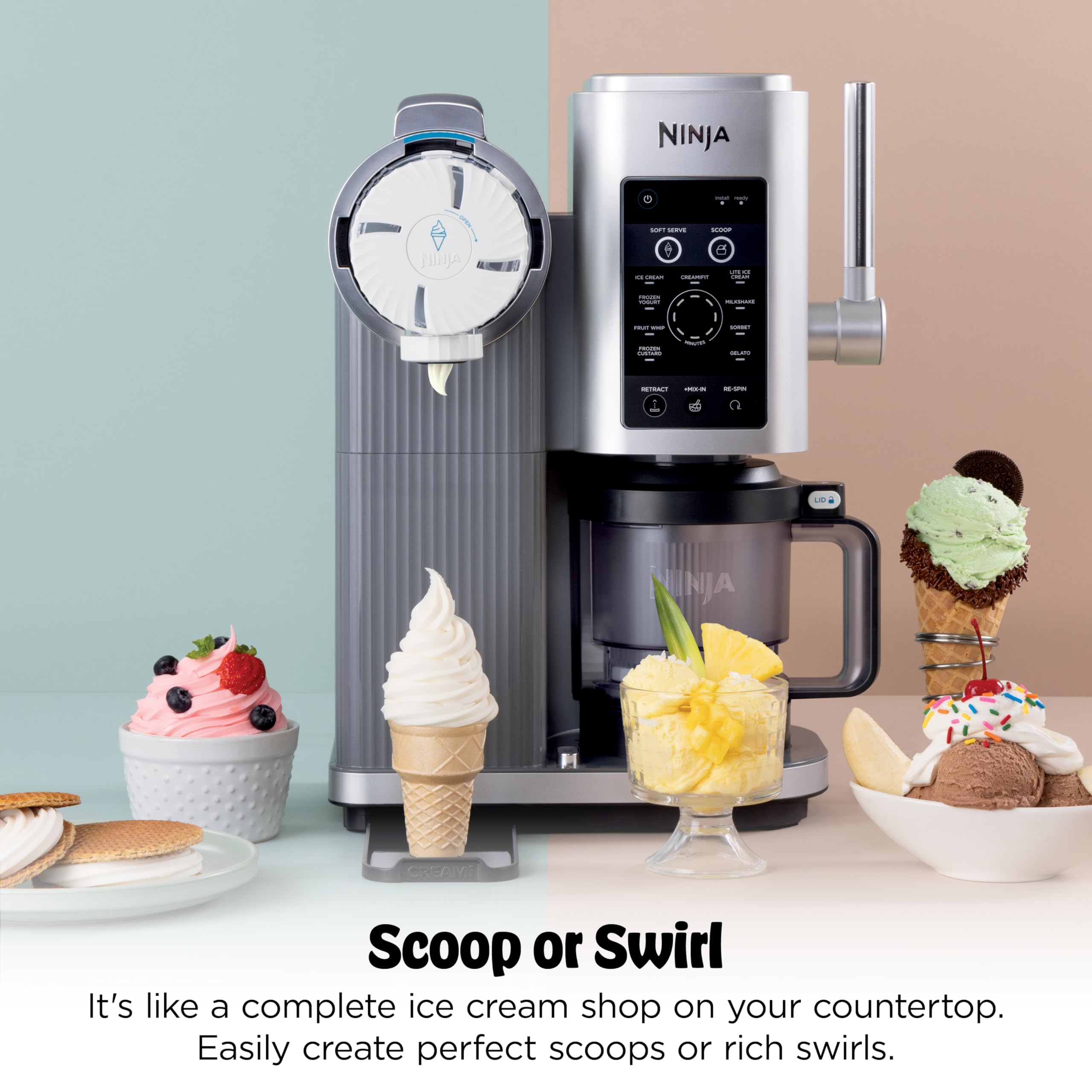 Ninja automatic soft serve handle in action for fun family-serving benefit