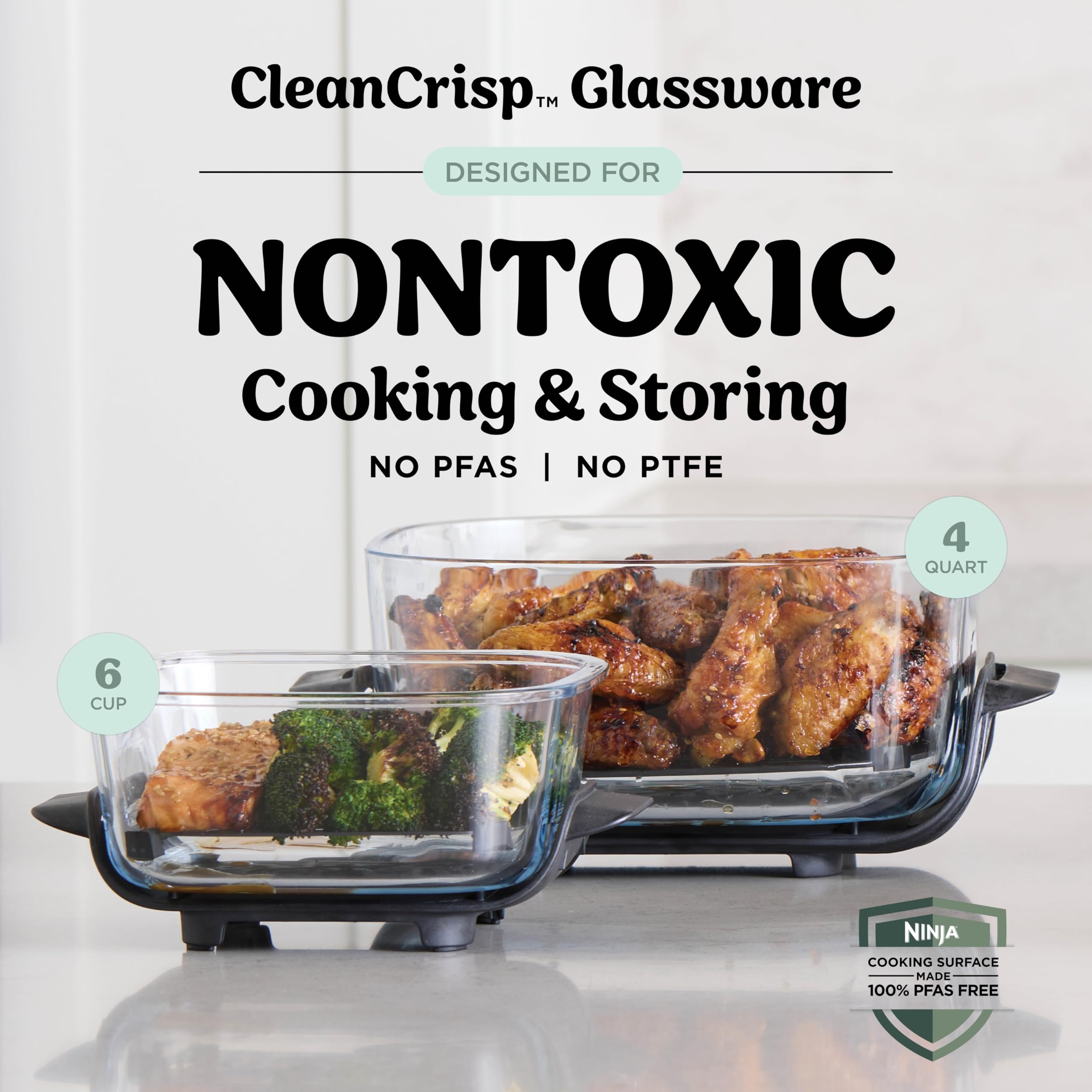 4-qt borosilicate container holding a roasted 4-lb chicken and vegetables for family meals