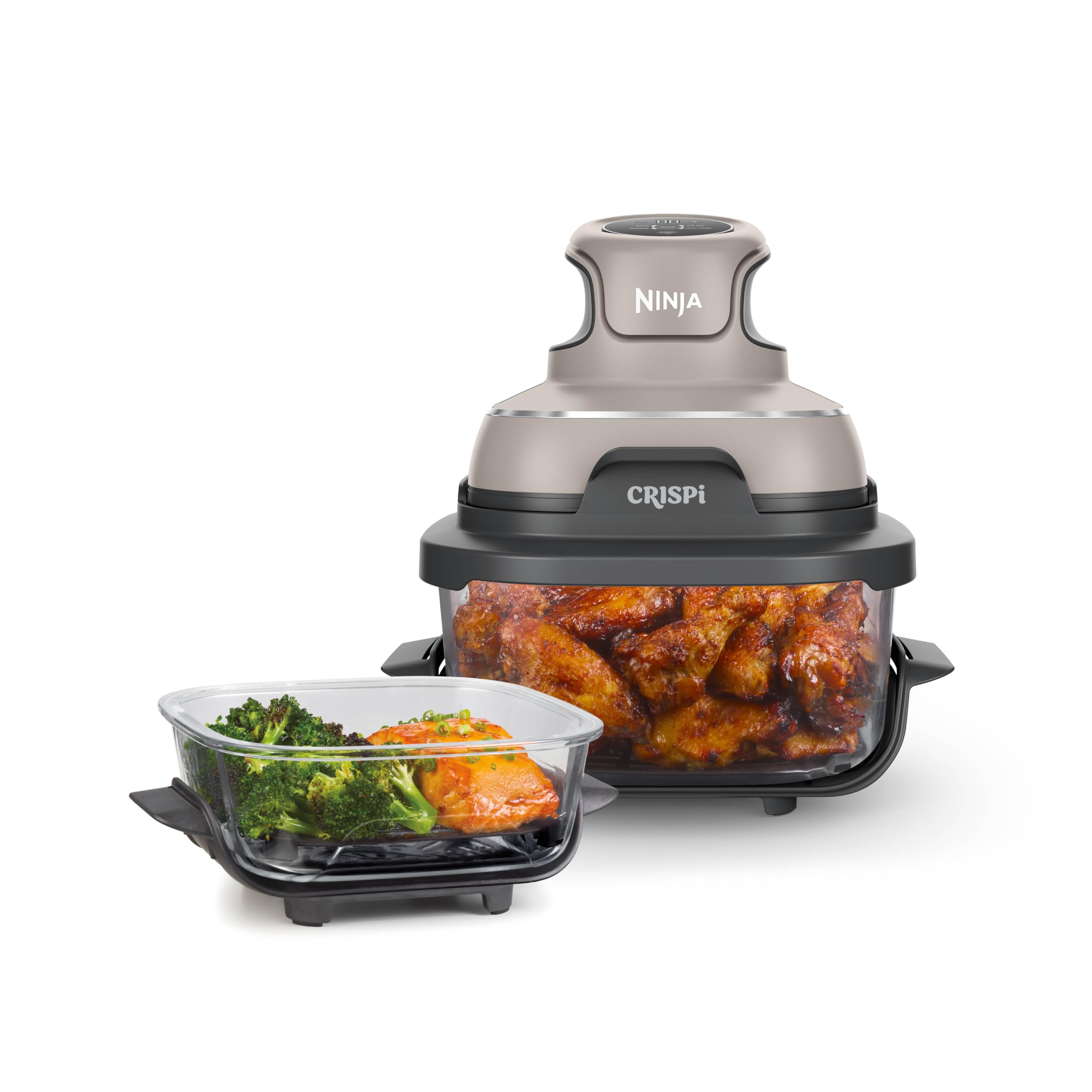 Ninja Crispi front view showing compact powerpod and glass containers, saves countertop space