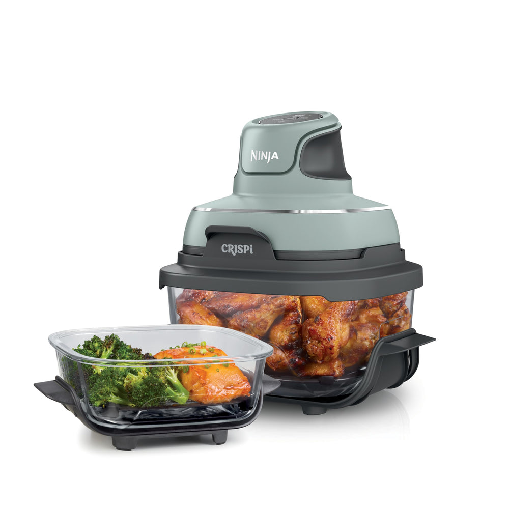 Ninja Crispi front view showing compact green PowerPod and glass containers for space saving
