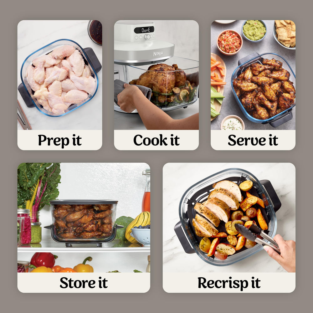 Ninja box contents layout showing 2 containers, lids, crisper plates and recipe book for full kit