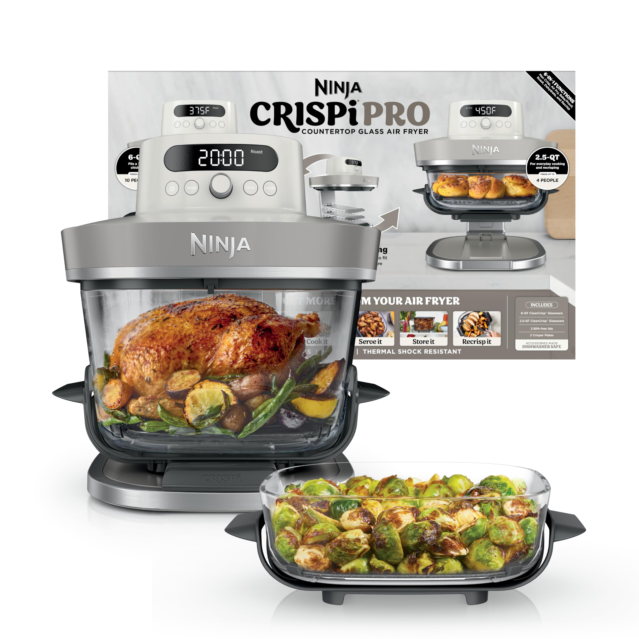 Ninja front angle view showing glass air fryer and sleek base benefit of clear monitoring