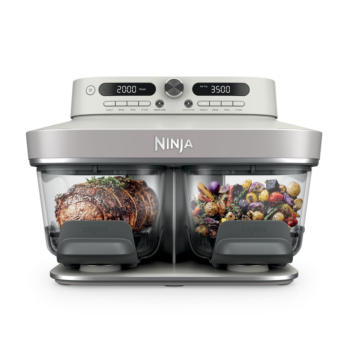 Ninja DualZone front view showing both glass zones and controls for versatile cooking