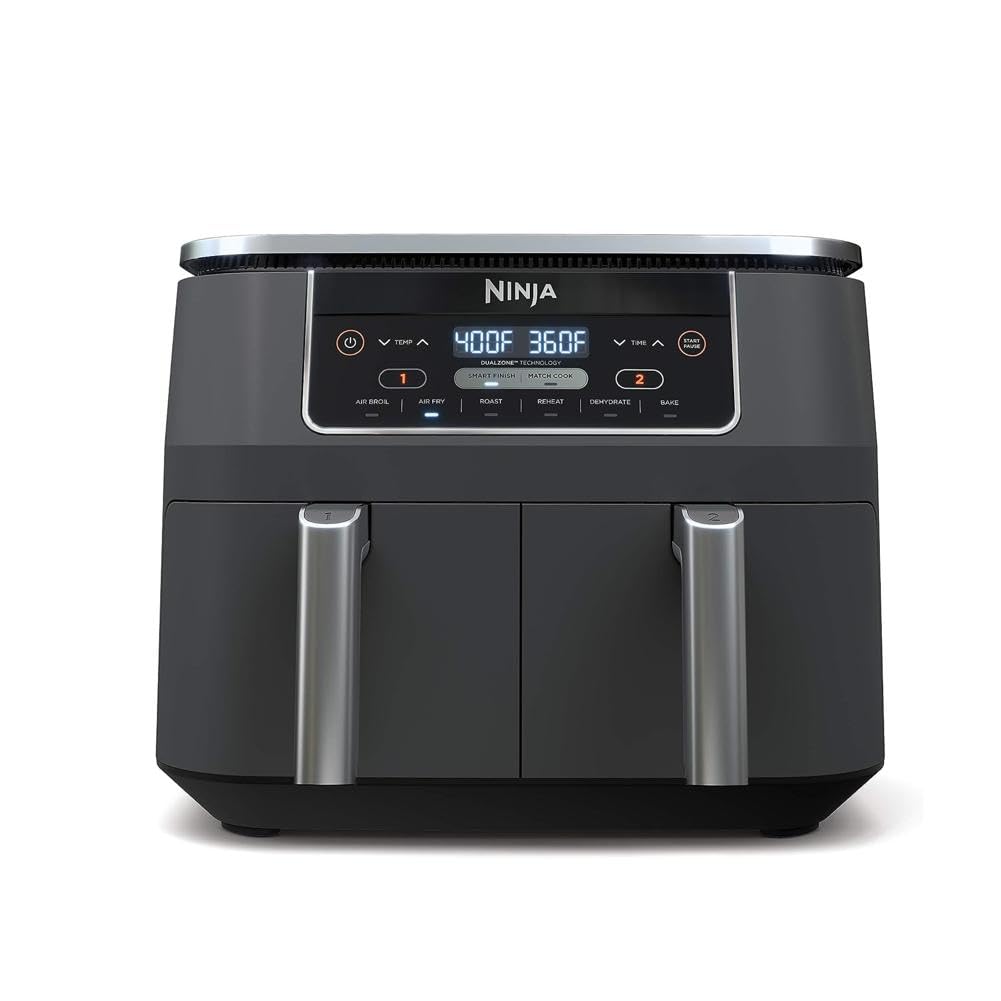 Ninja DZ201 front view showing dual baskets and sleek grey finish benefiting counter aesthetics