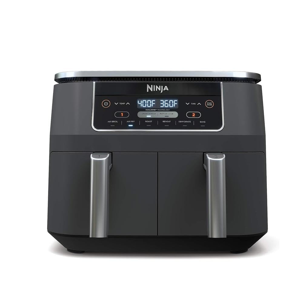Ninja DZ201 front view showing dual baskets and sleek grey finish benefiting counter aesthetics