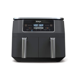 Ninja DZ201 front view showing dual baskets and sleek grey finish benefiting counter aesthetics