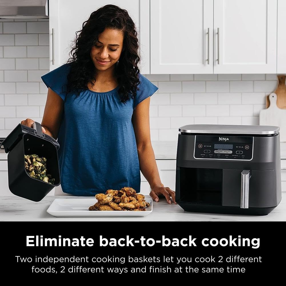 Ninja Foodi open baskets showing independent zones for cooking two foods at once